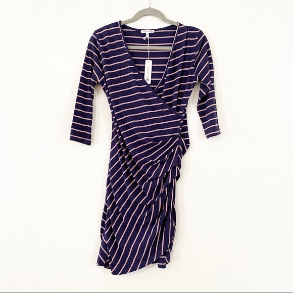 NEW Sundry Faux Wrap Dress Stripe ruched siz 2 M - Picture 2 of 5